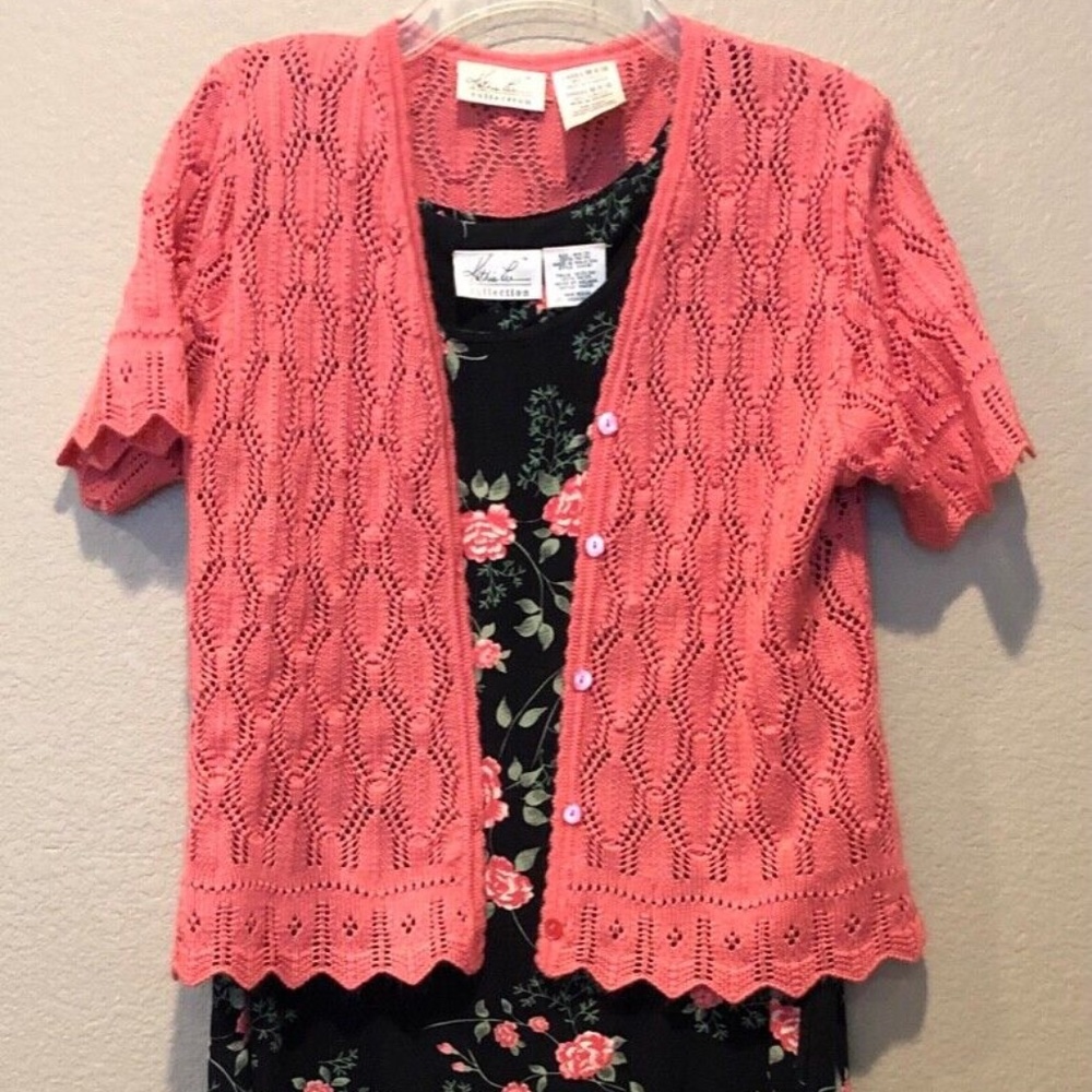 Vintage Kathy Lee Black Floral Scoop Neck Sleeveless Maxi Dress & Cardigan M